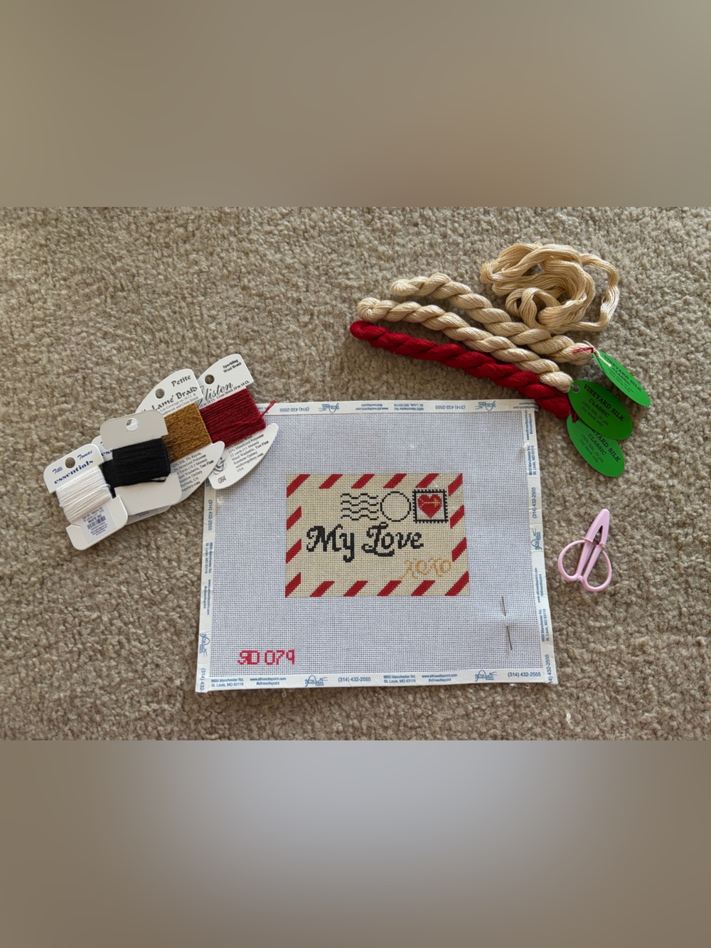Hand-Stamped Needlepoint Mail Art Panel with Embroidery Floss